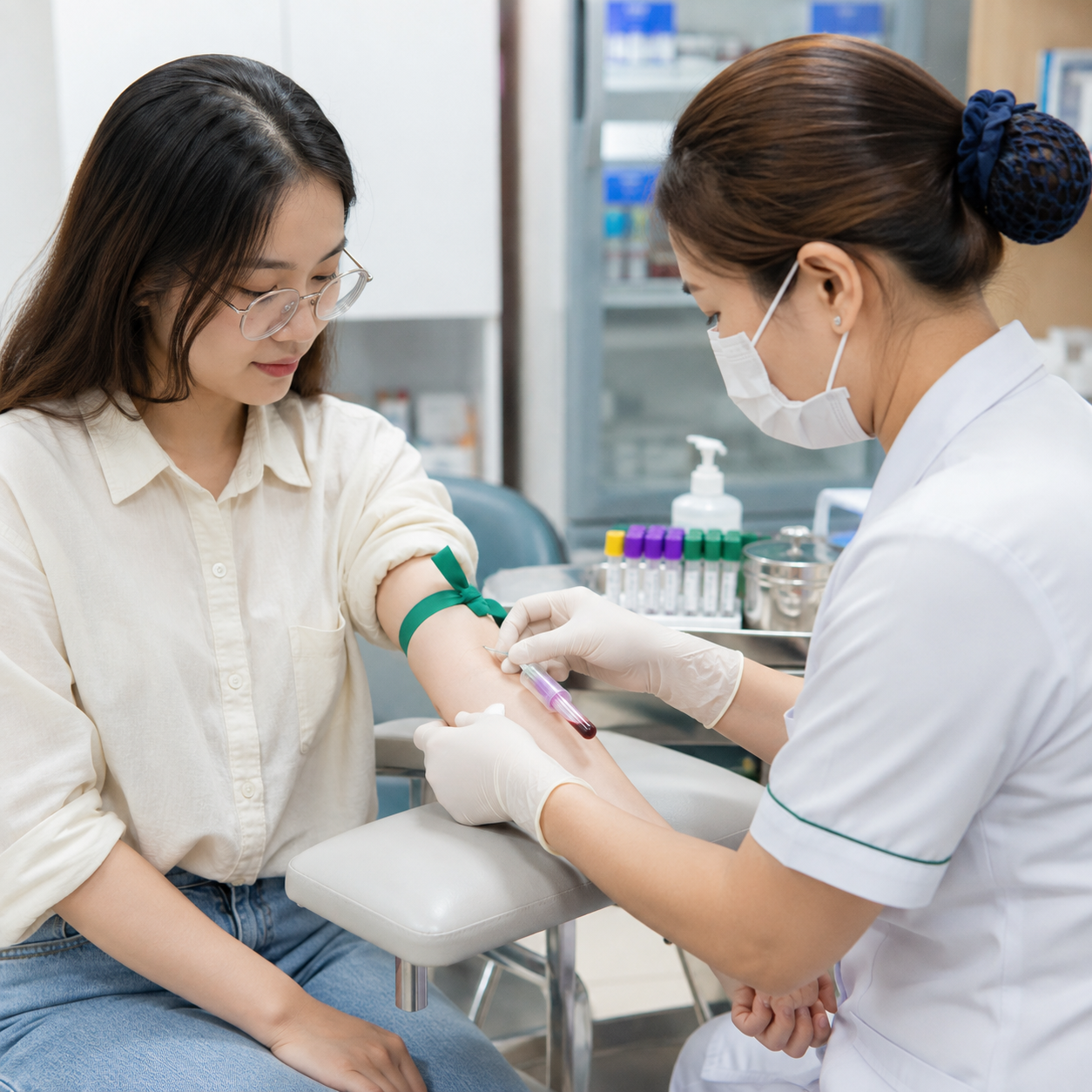 Nhân viên y tế lấy mẫu máu mẹ tại nhà